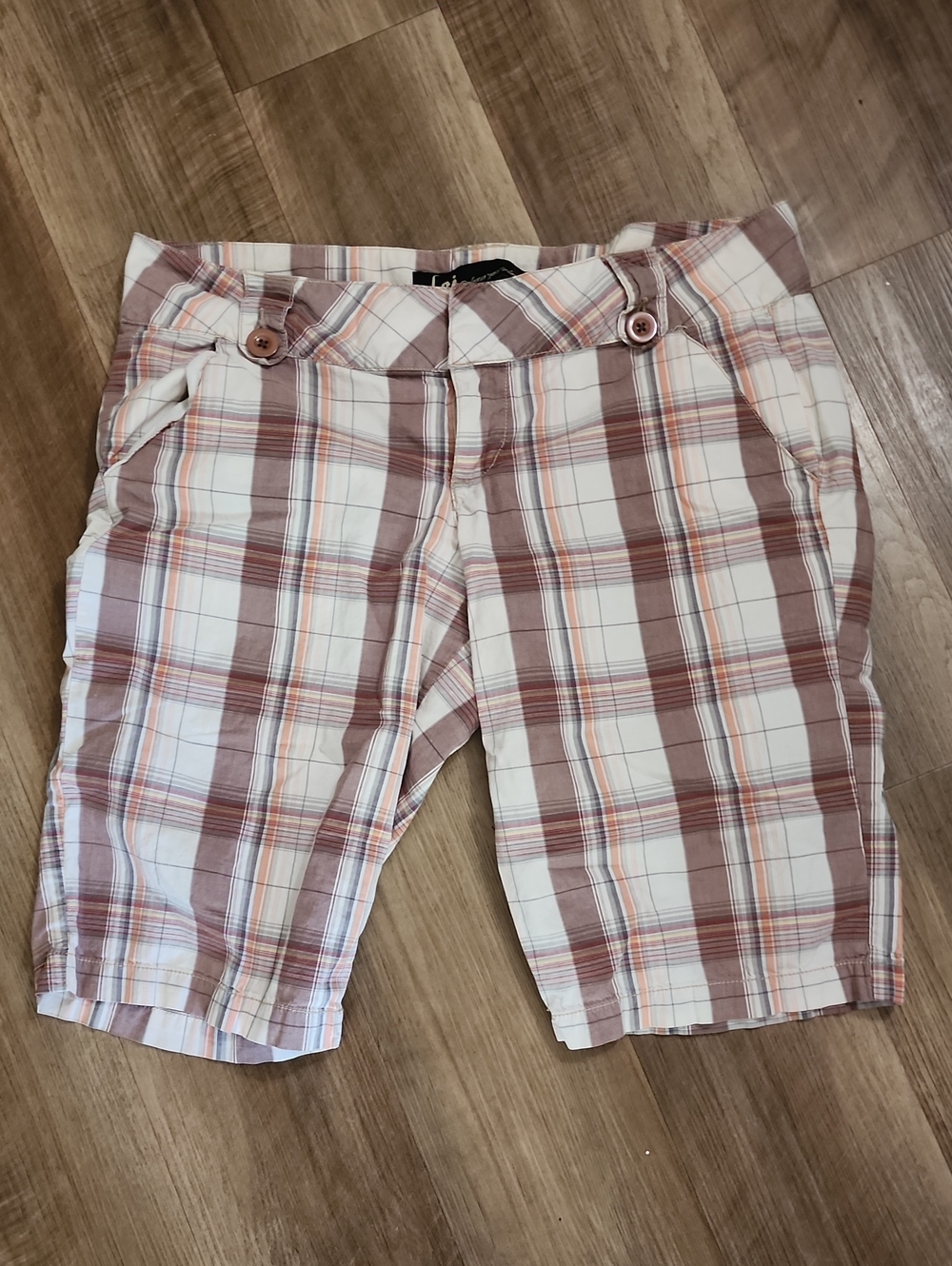 LEI Y2K Plaid Bermuda Shorts Cream Brown Low Rise Casual Women's